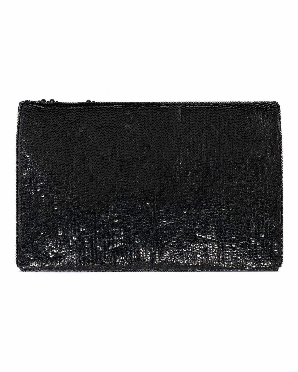 Black and silver beaded clutch bag on a white background sequined and handmade
