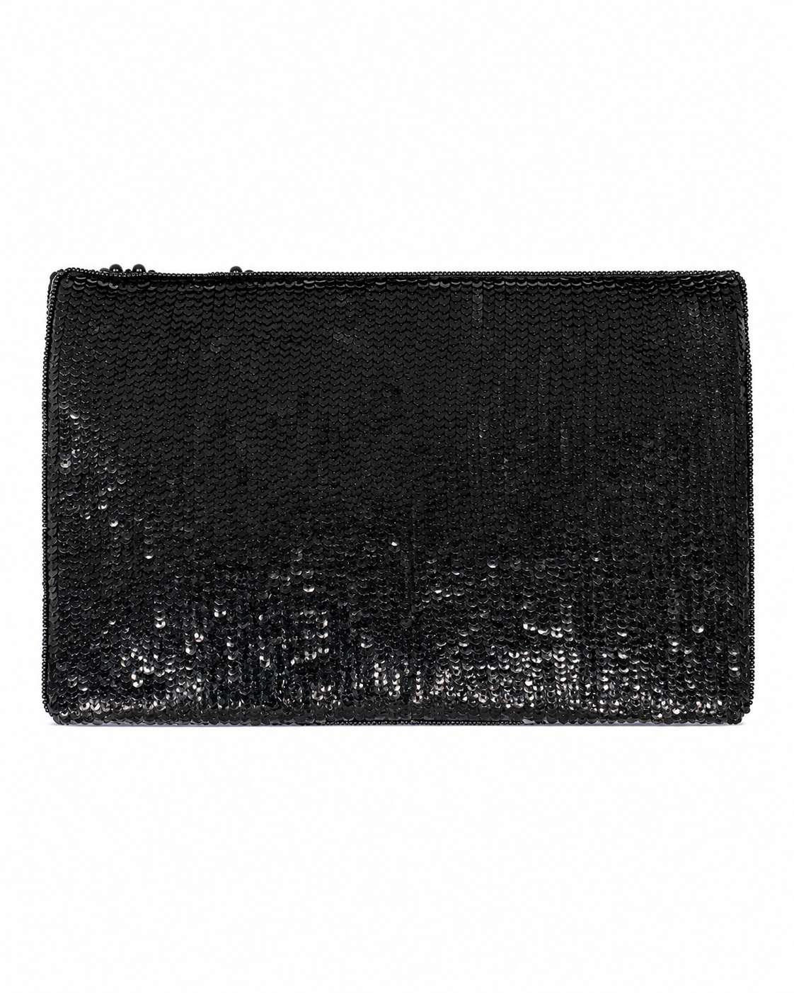 Black and silver beaded clutch bag on a white background sequined and handmade