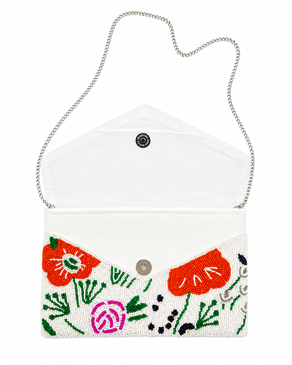 White handbag with floral embroidery and a chain strap on a white background