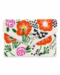 Beaded clutch with floral patterns on a white background
