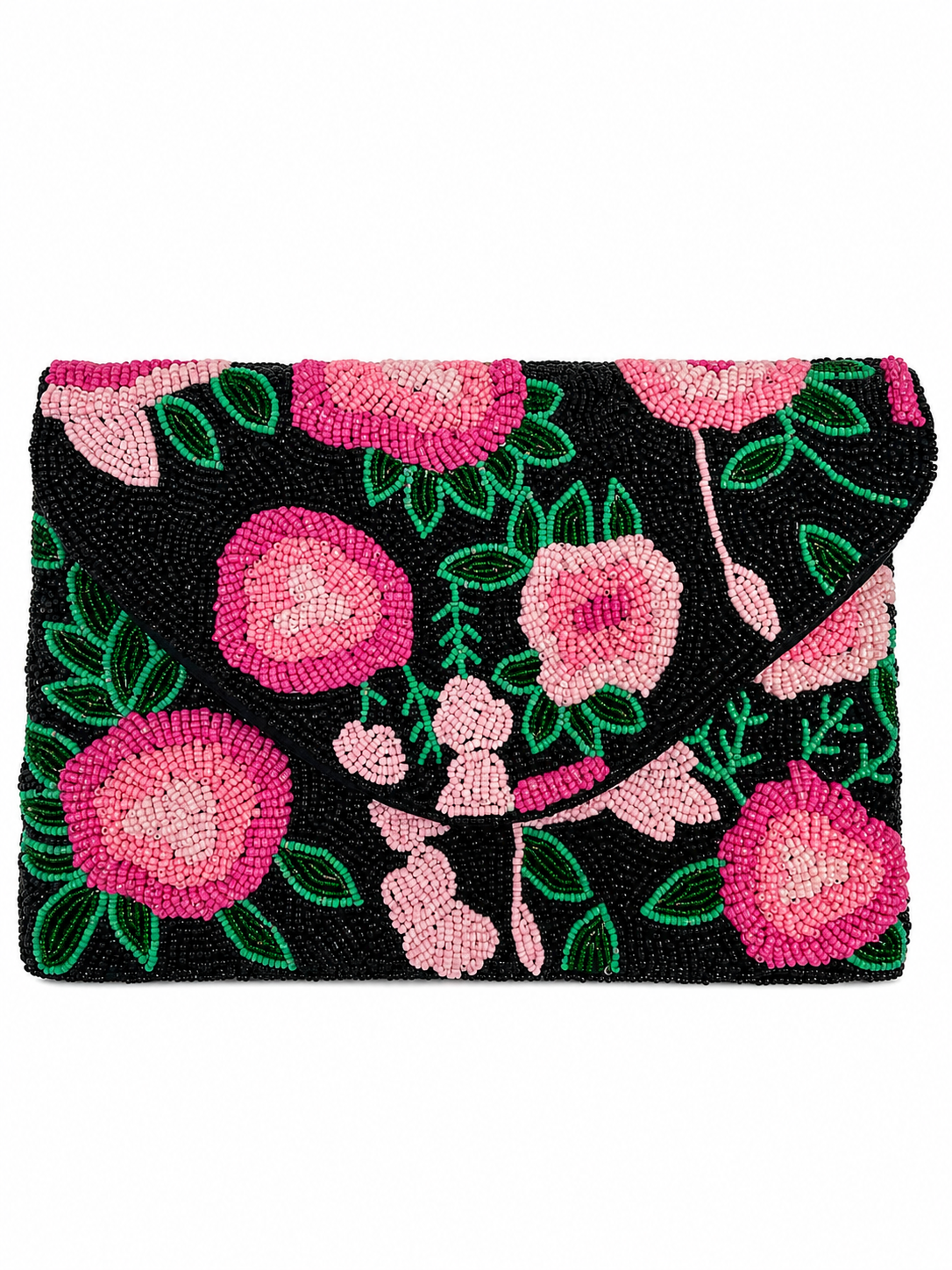 Floral patterned clutch bag with pink flowers on a black background