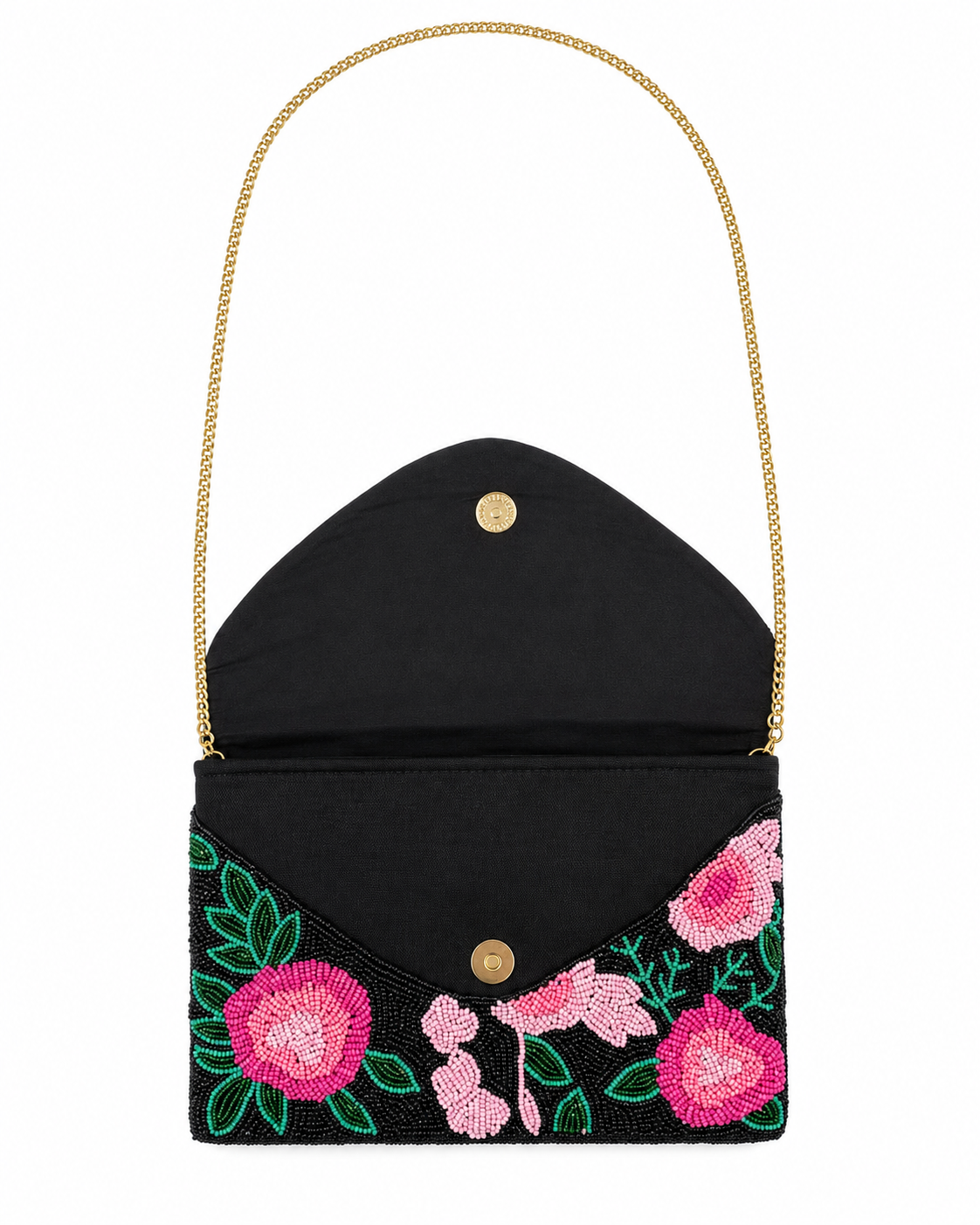 Black handbag with floral embroidery and a gold chain strap on a white background