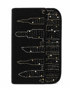 Black handbag with New York city skyline design on a white background (beaded & handmade) 