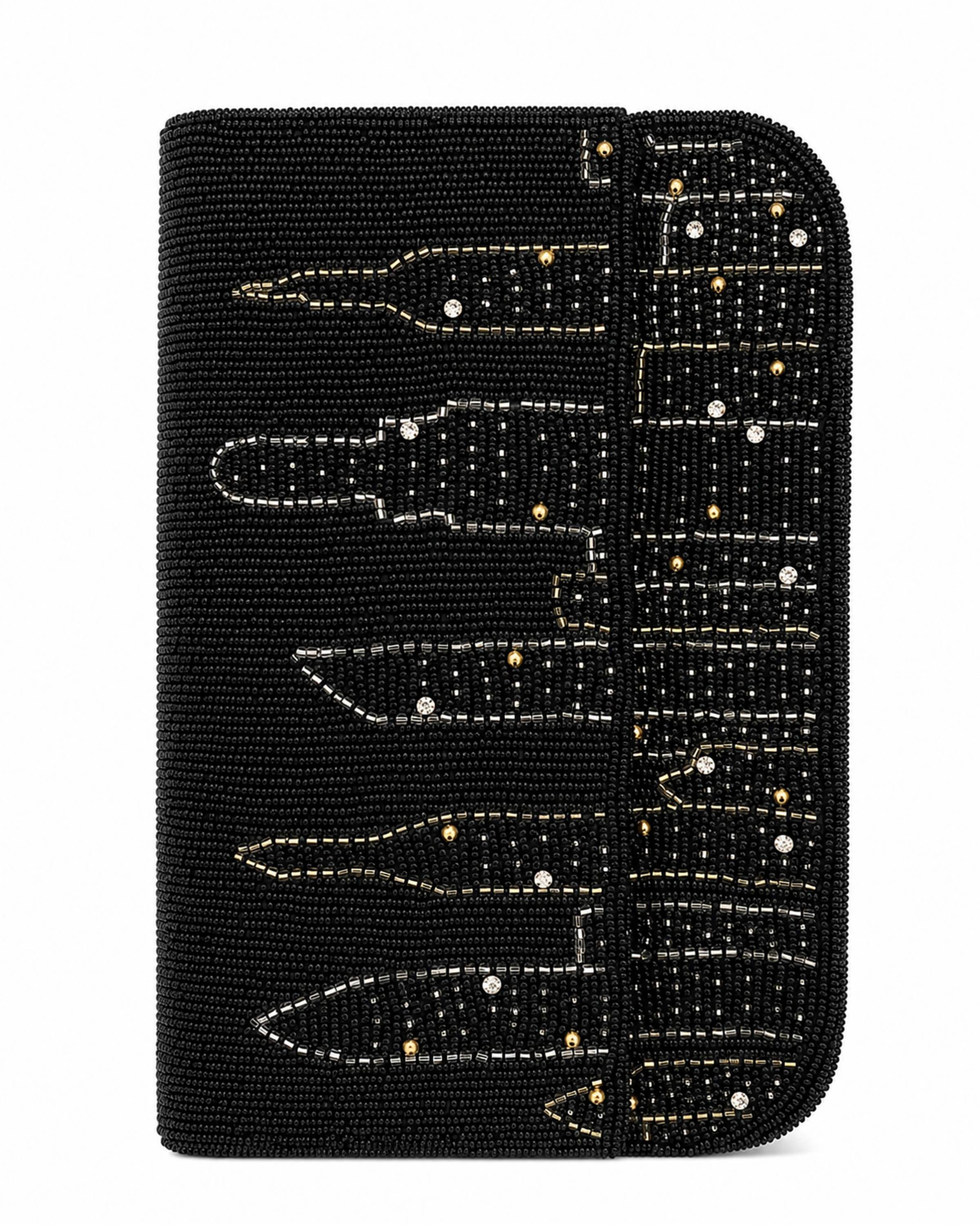 Black handbag with New York city skyline design on a white background (beaded & handmade) 