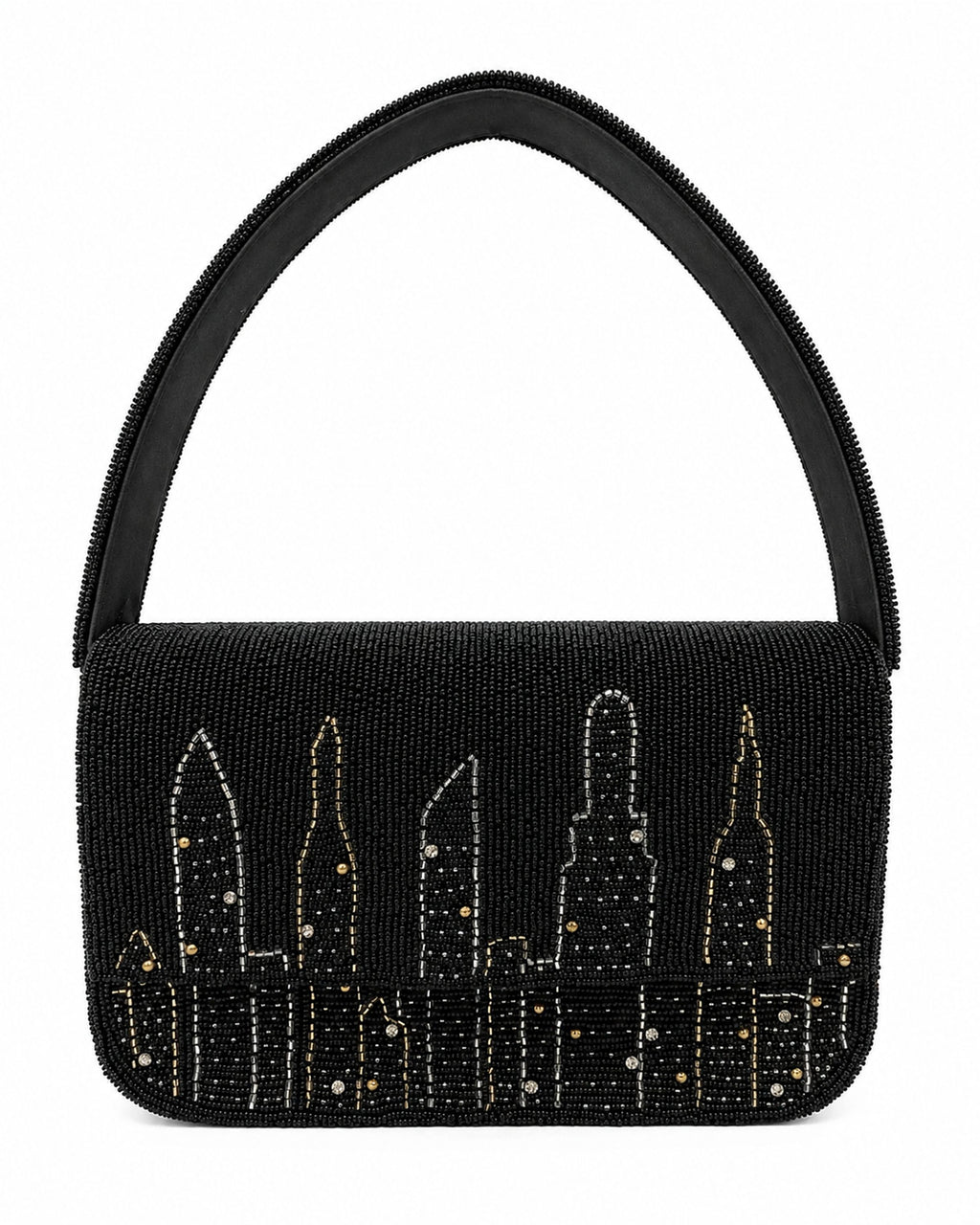 Black handbag with New York city skyline design on a white background (beaded & handmade) 