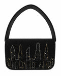 Black handbag with New York city skyline design on a white background (beaded & handmade) 