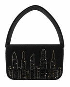Black handbag with New York city skyline design on a white background (beaded & handmade) 