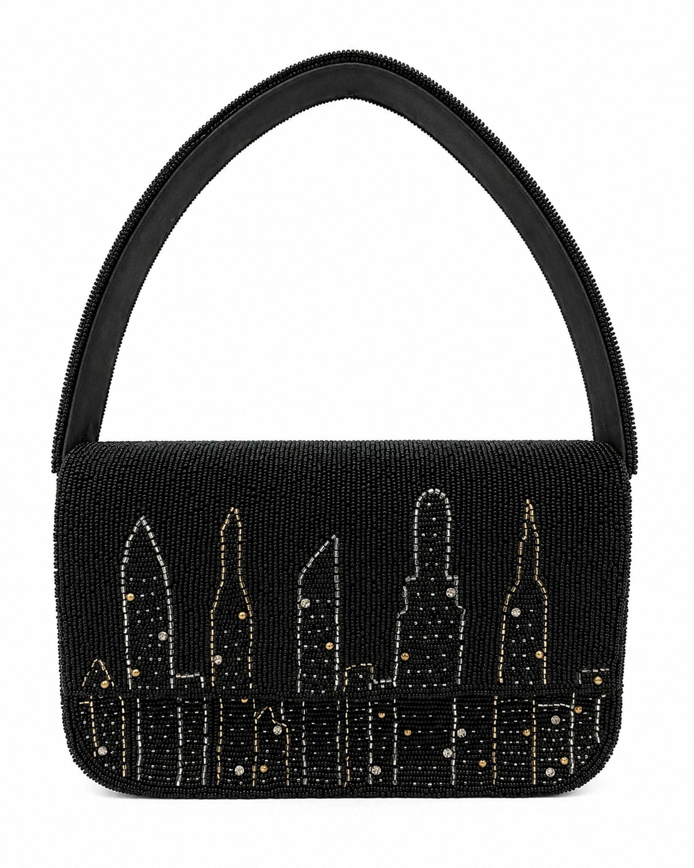 Black handbag with New York city skyline design on a white background (beaded & handmade) 