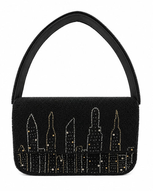 Black handbag with New York city skyline design on a white background (beaded & handmade) 