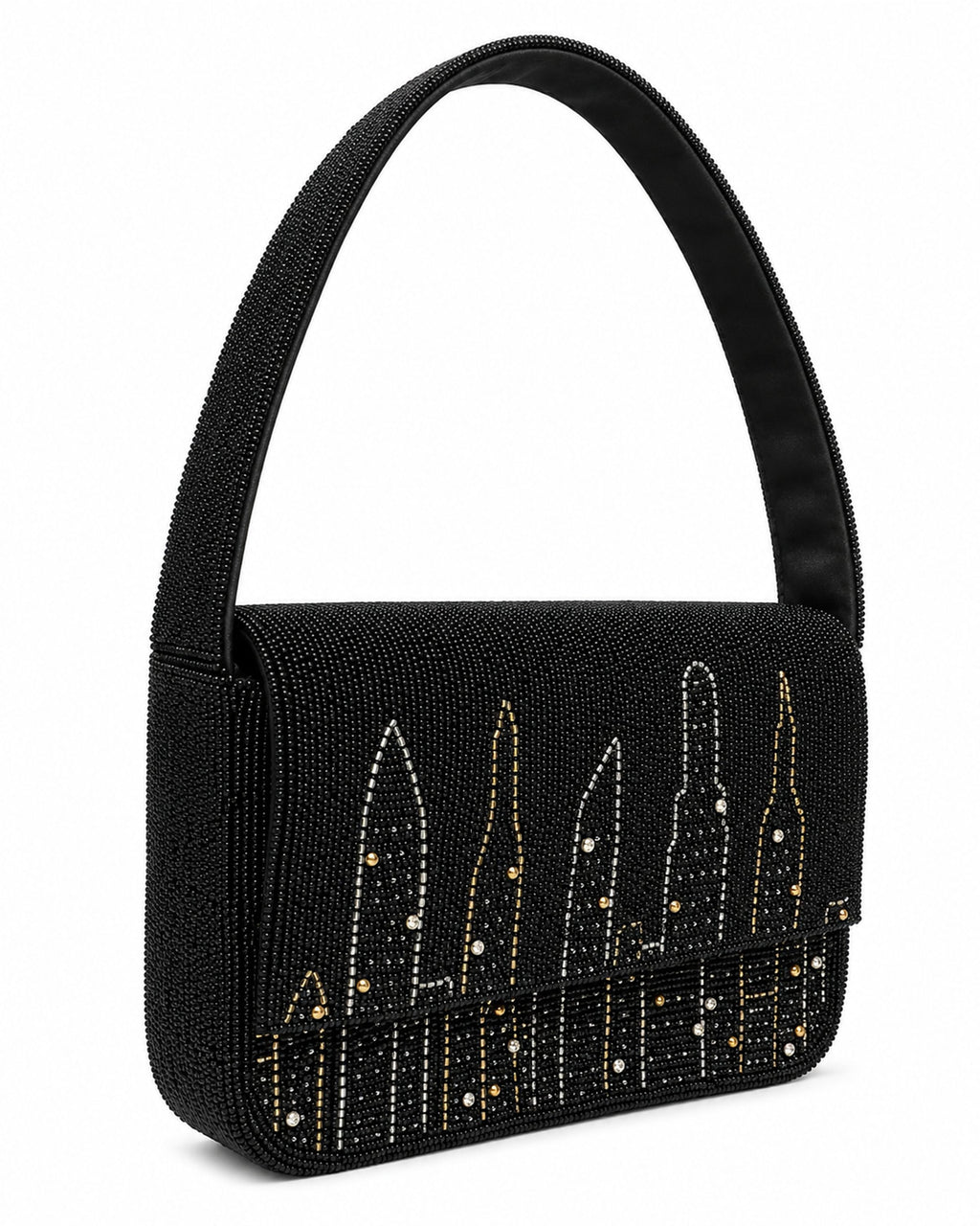 Black handbag with New York city skyline design on a white background (beaded & handmade) 
