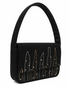 Black handbag with New York city skyline design on a white background (beaded & handmade) 
