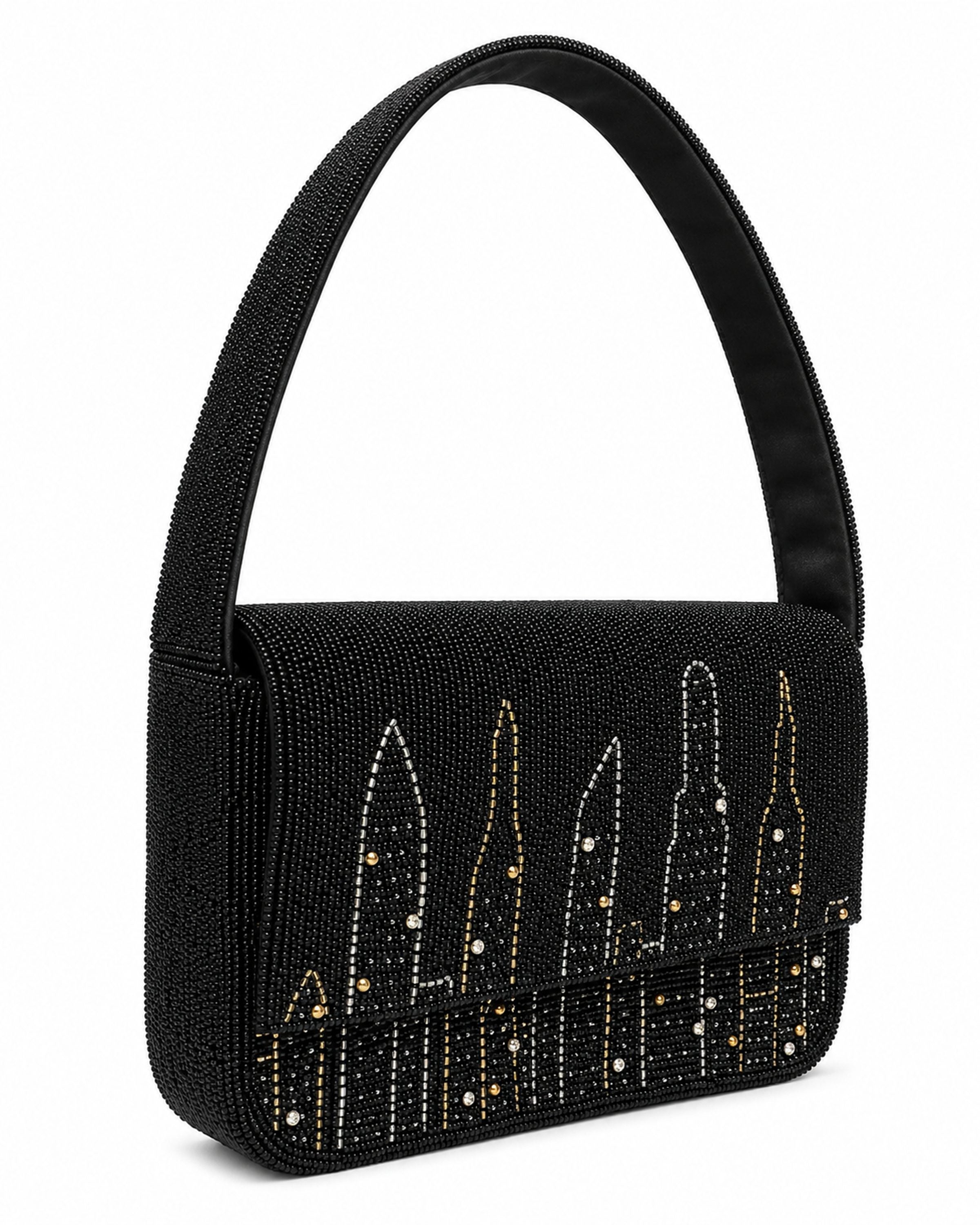 Black handbag with New York city skyline design on a white background (beaded & handmade) 
