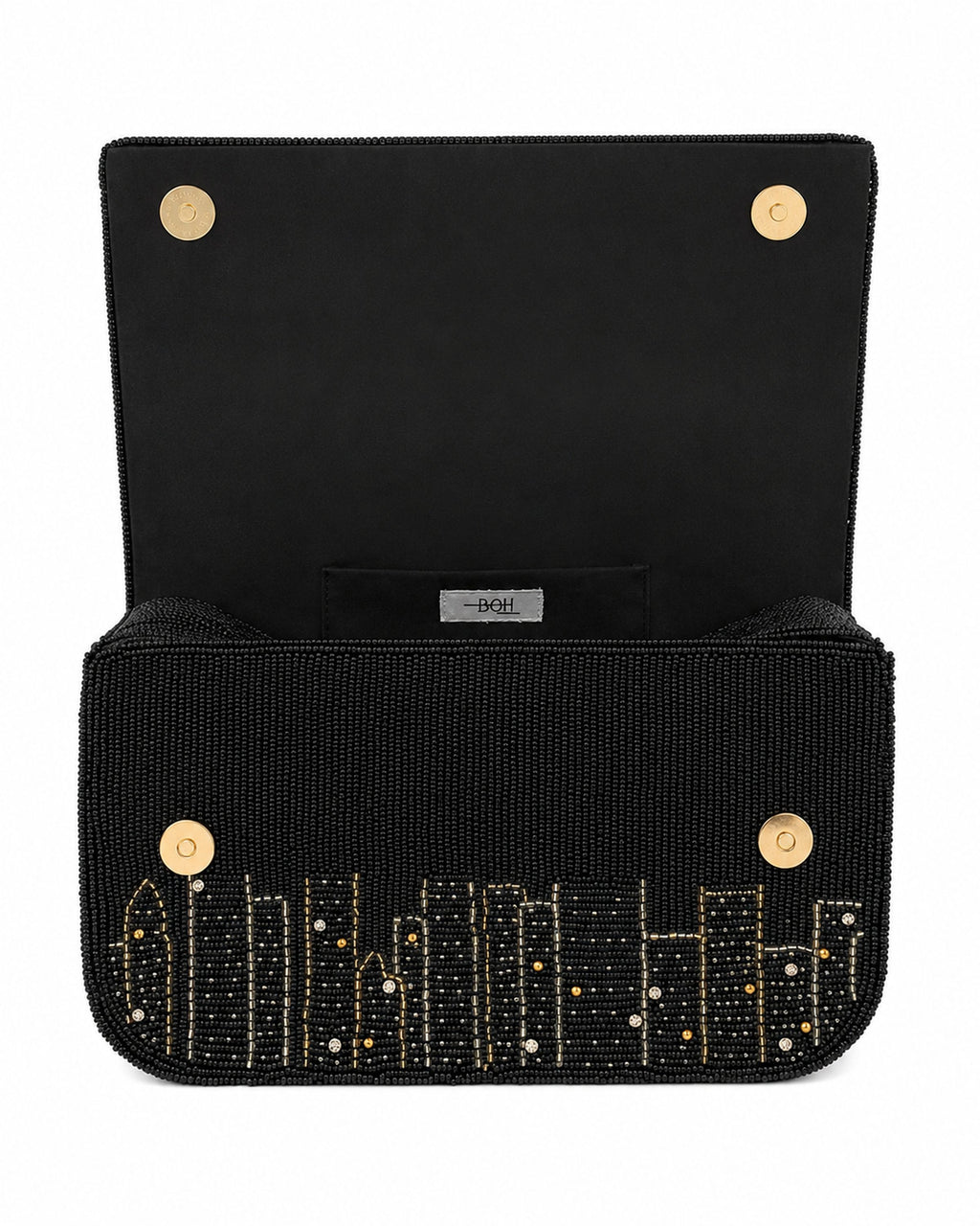 Black handbag with New York city skyline design on a white background (beaded & handmade) 
