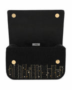 Black handbag with New York city skyline design on a white background (beaded & handmade) 
