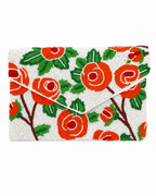 Clutch bag with red floral pattern on a white background