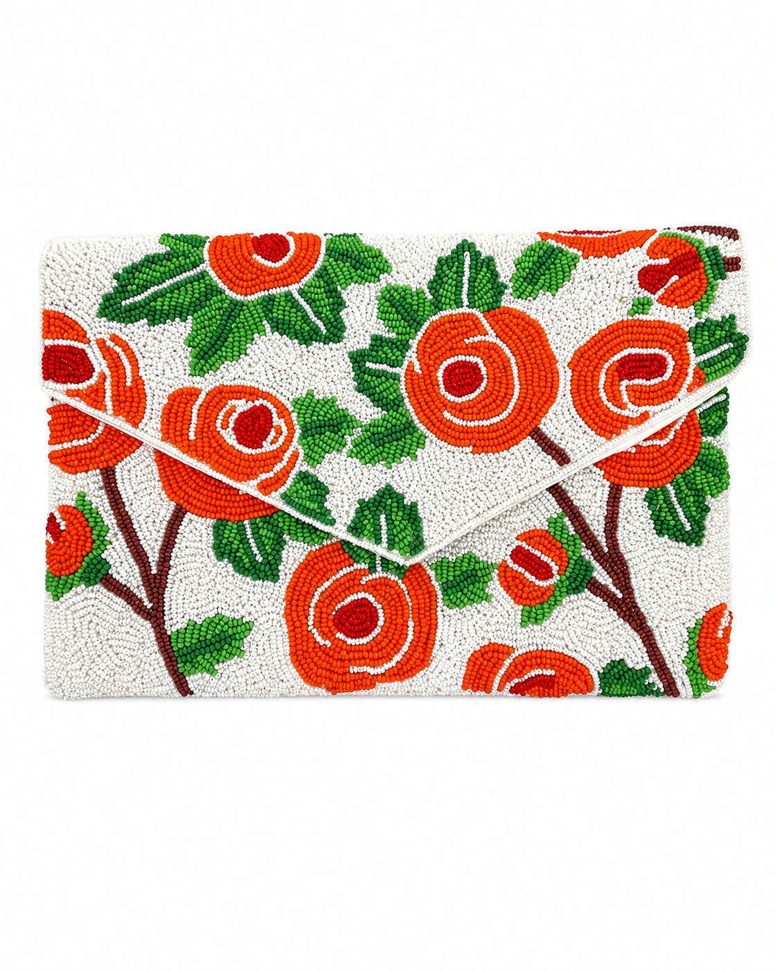 Clutch bag with red floral pattern on a white background
