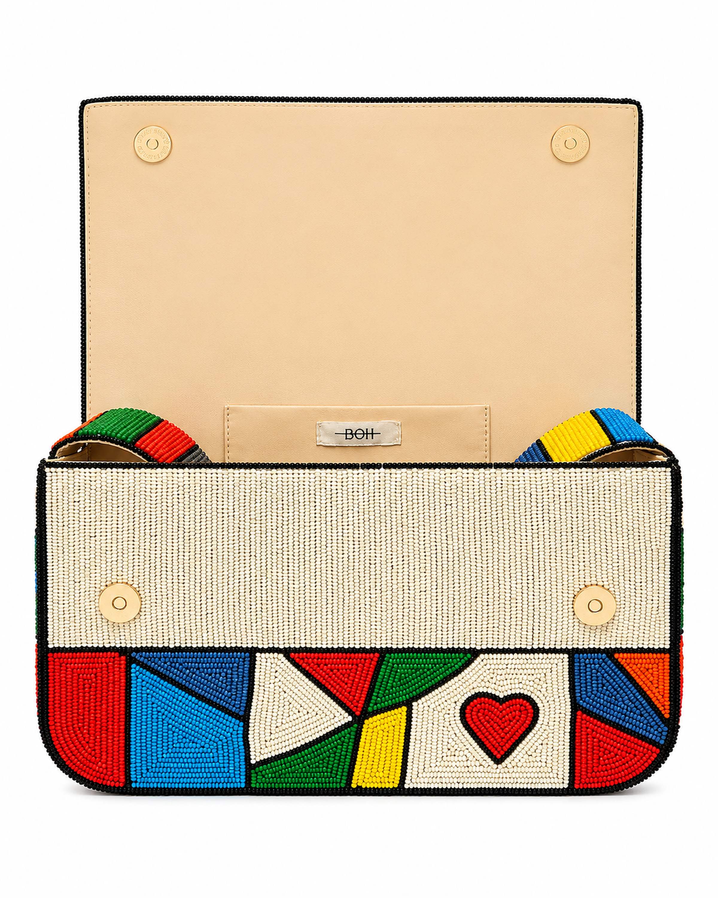 Colorful handbag with geometric design and letter 'A' as the Ace Heart on a white background (beaded & handmade)