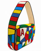 Colorful handbag with geometric design and letter 'A' as the Ace Heart on a white background (beaded & handmade)