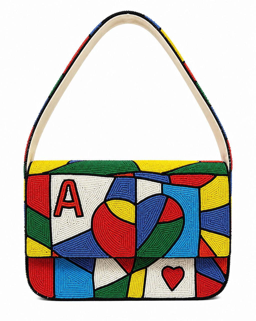 Colorful handbag with geometric design and letter 'A' as the Ace Heart on a white background (beaded & handmade)