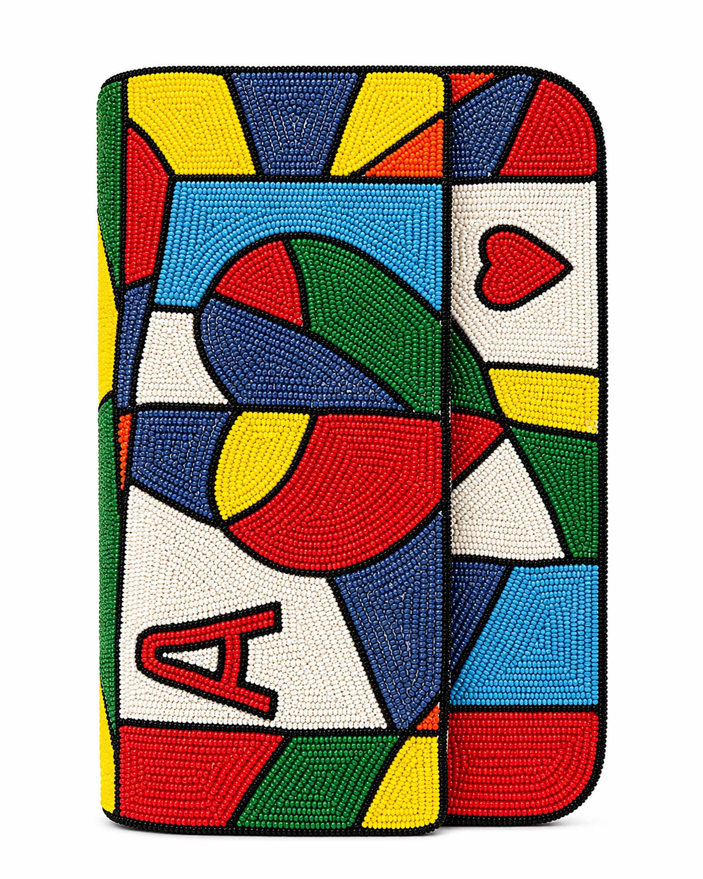 Colorful handbag with geometric design and letter 'A' as the Ace Heart on a white background (beaded & handmade)
