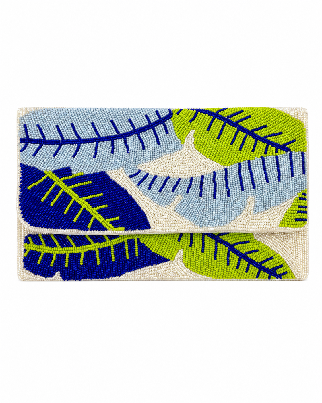 Tresboh Clutch bag with blue and green leaf pattern on a white background