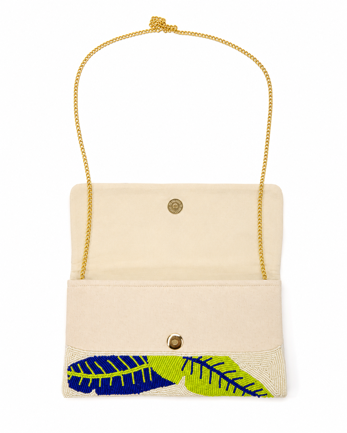 Tresboh  Beige handbag with embroidered design on a white background
