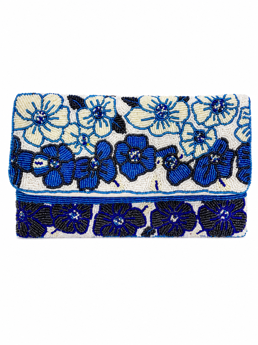 Floral patterned clutch bag with blue and black flowers on a white background