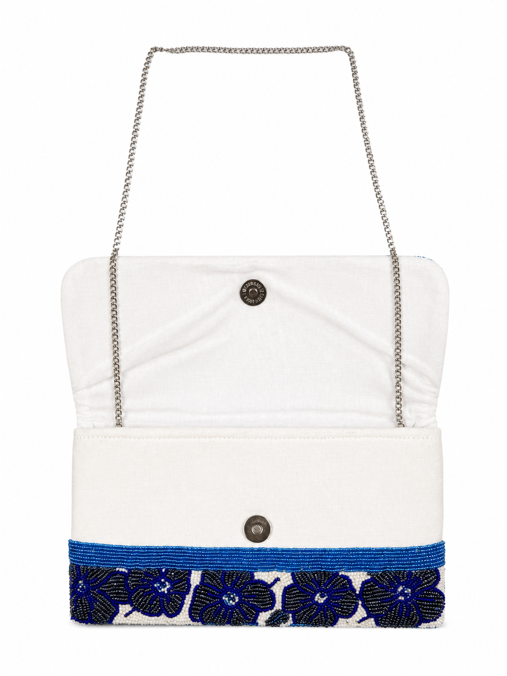 White handbag with blue floral pattern and chain strap on a white background