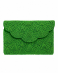 Green beaded clutch on a white background. The Emerald Shell Beaded Handmade bag