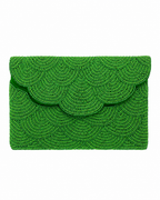 Green beaded clutch on a white background. The Emerald Shell Beaded Handmade bag