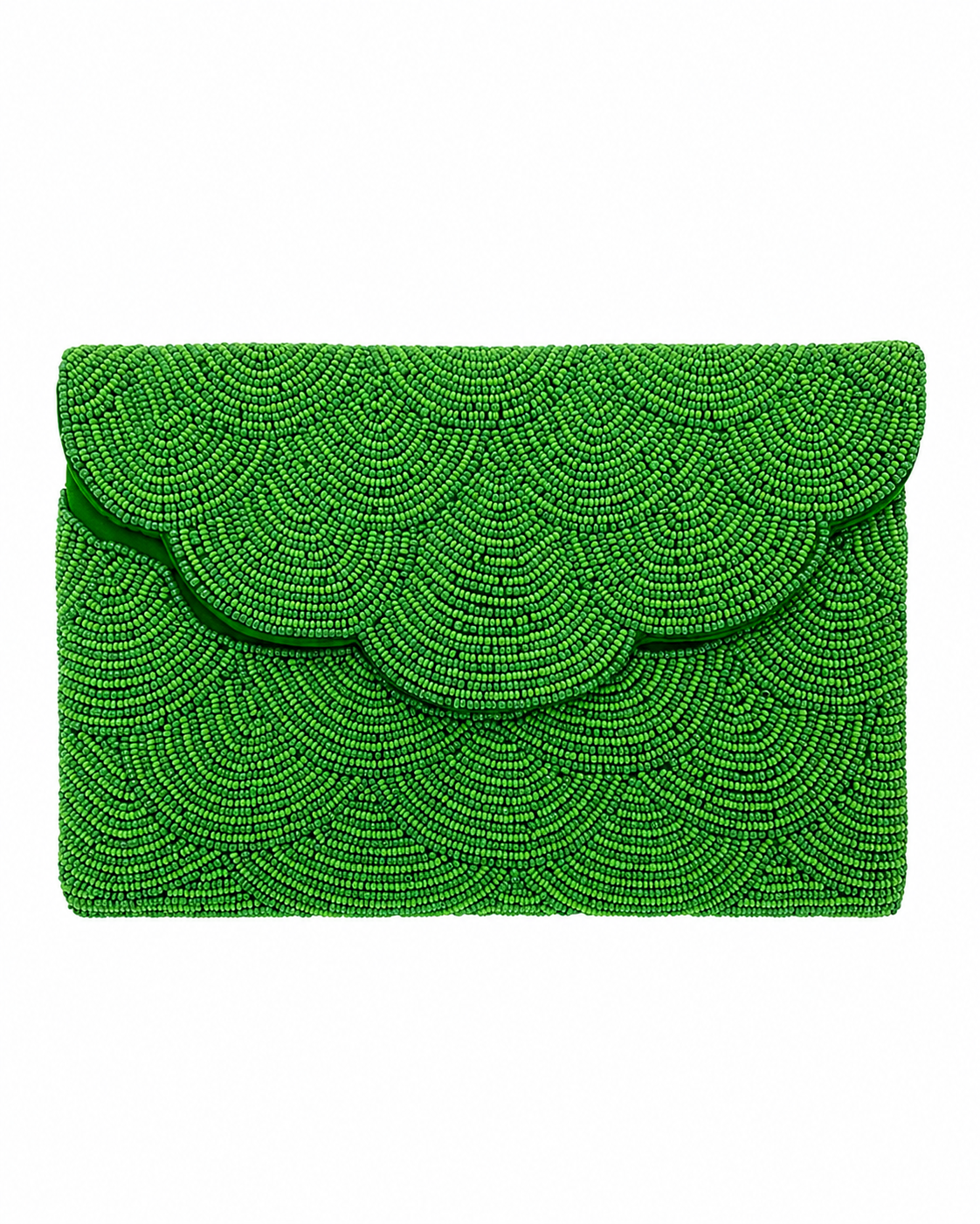 Green beaded clutch on a white background. The Emerald Shell Beaded Handmade bag