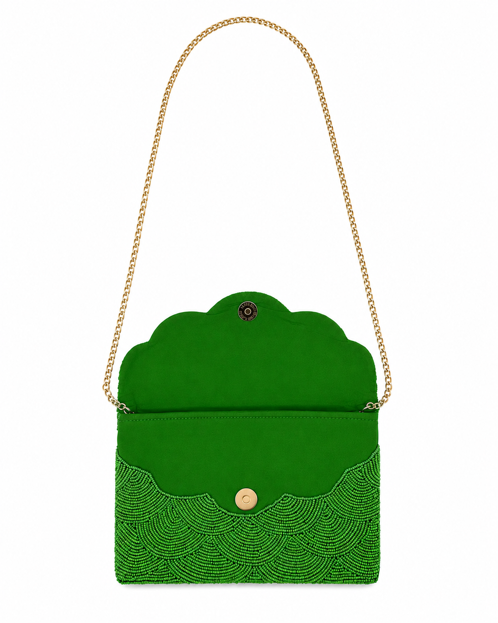 Green beaded clutch on a white background. The Emerald Shell Beaded Handmade bag