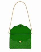 Green beaded clutch on a white background. The Emerald Shell Beaded Handmade bag