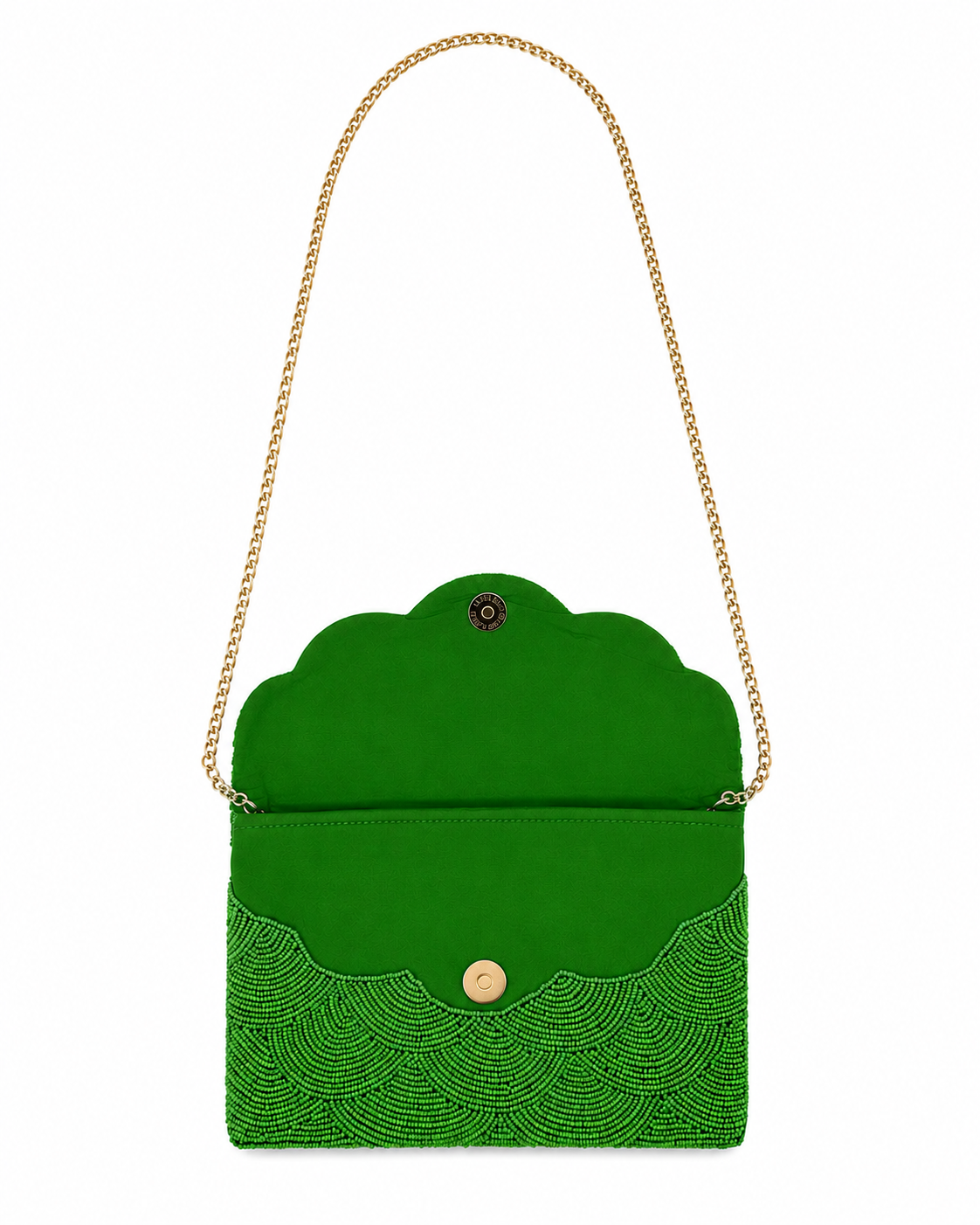 Green beaded clutch on a white background. The Emerald Shell Beaded Handmade bag