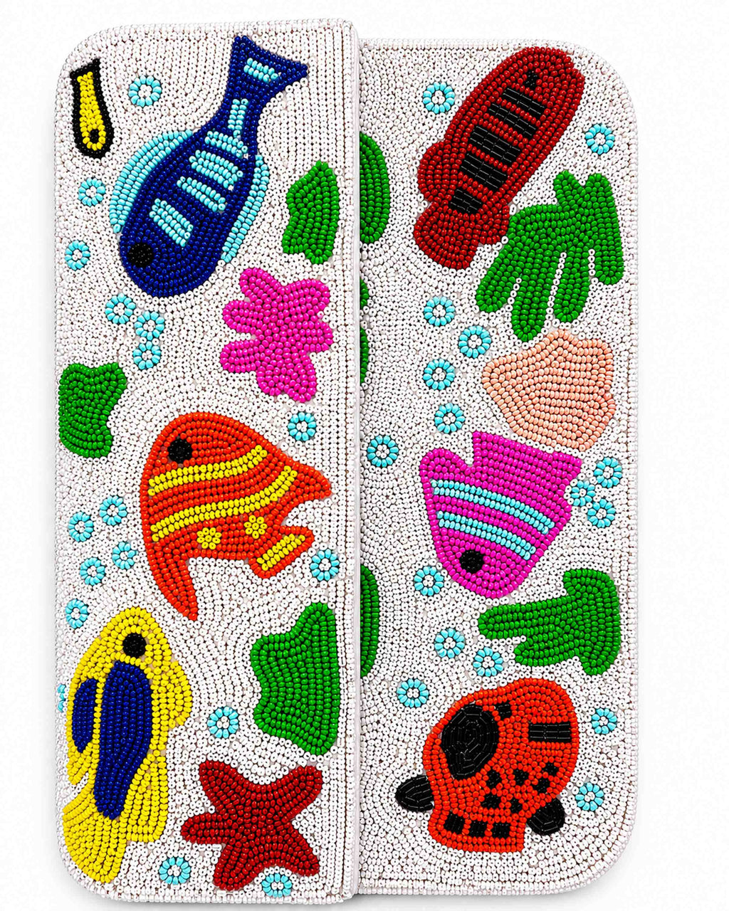 Colorful beaded handmade bag with fish and sea-themed designs on a white background