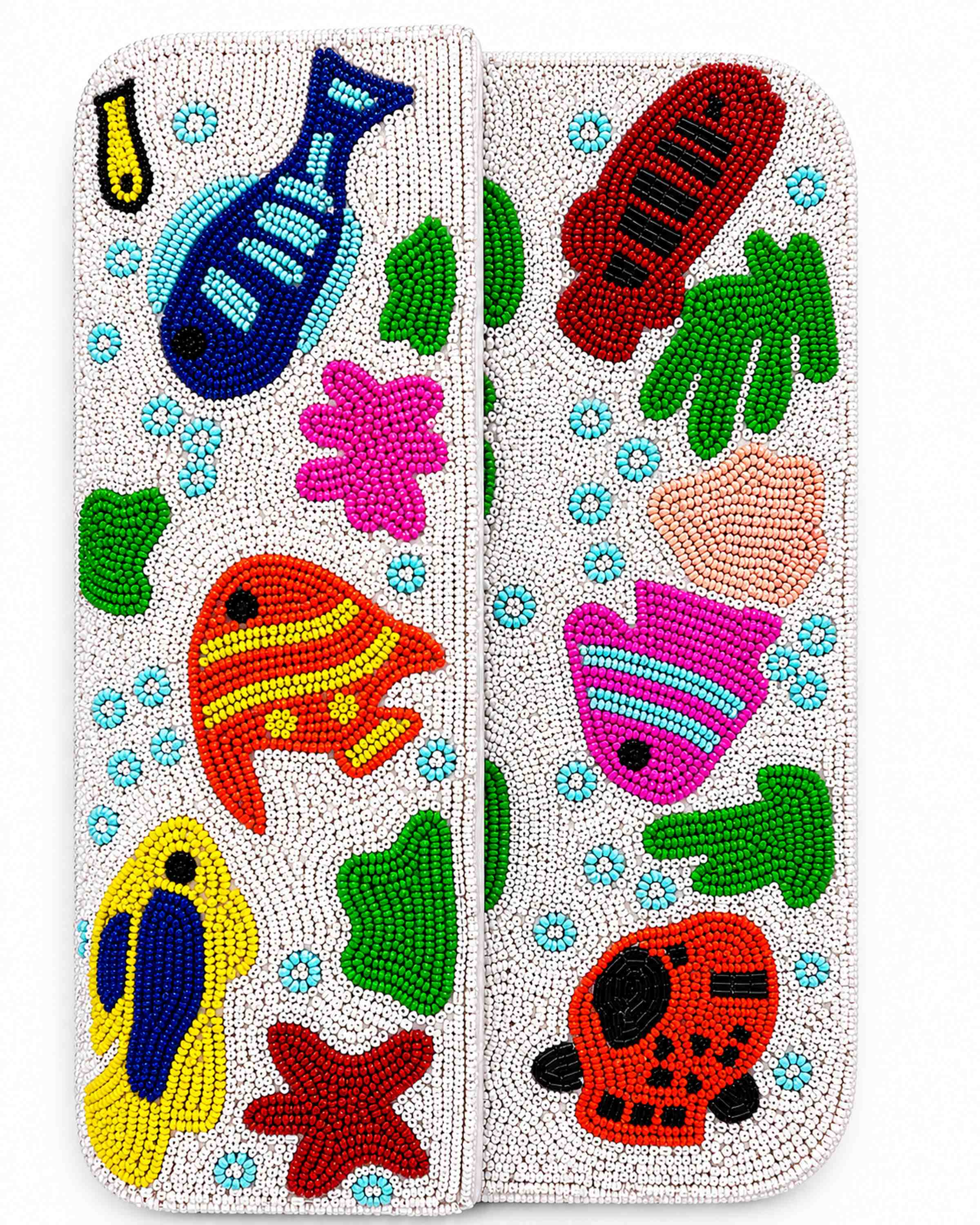 Colorful beaded handmade bag with fish and sea-themed designs on a white background