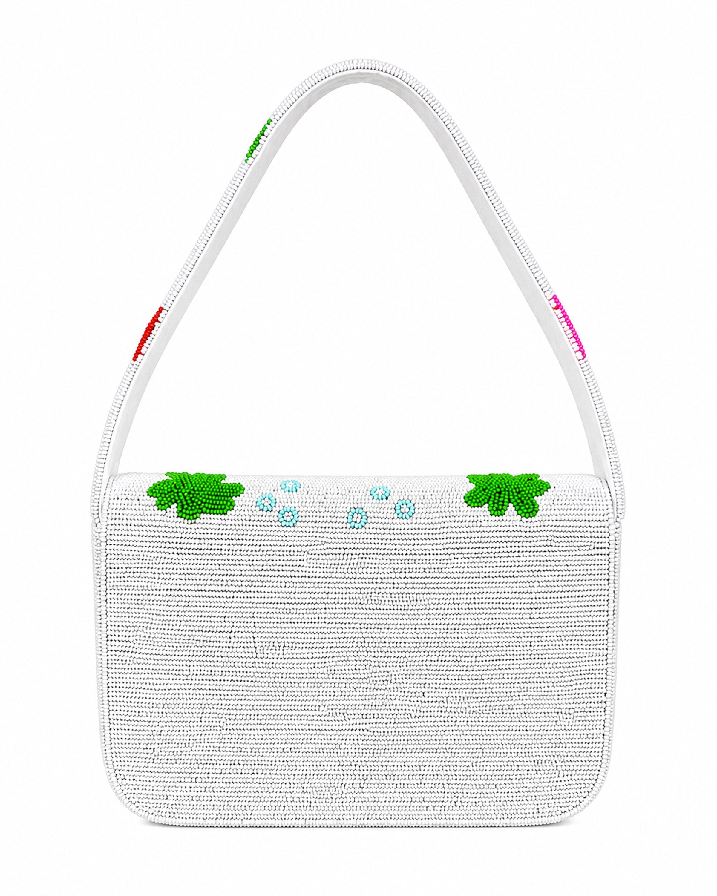 Colorful beaded handmade bag with fish and sea-themed designs on a white background