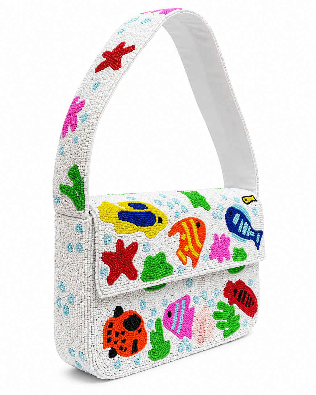 Colorful beaded handmade bag with fish and sea-themed designs on a white background