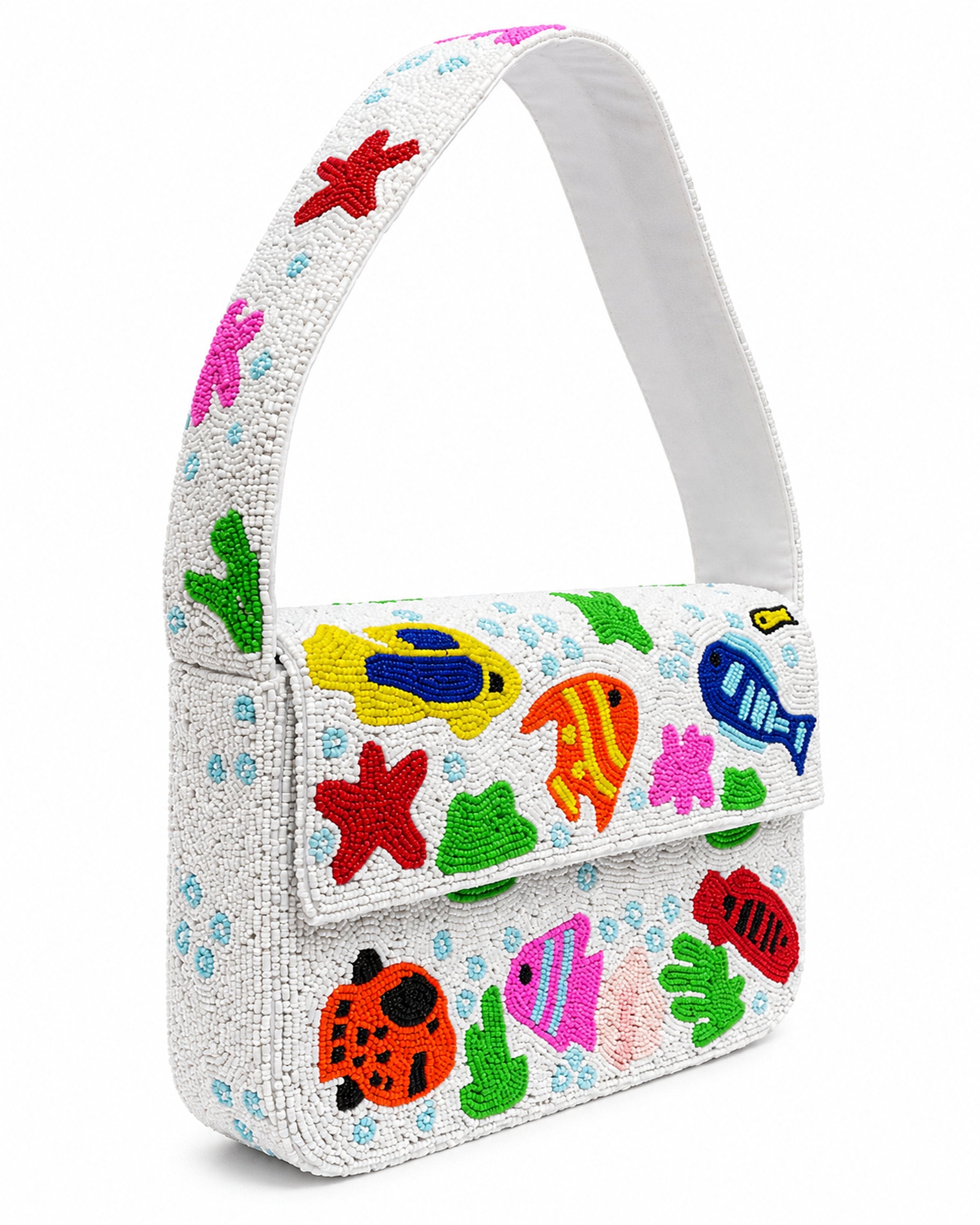 Colorful beaded handmade bag with fish and sea-themed designs on a white background