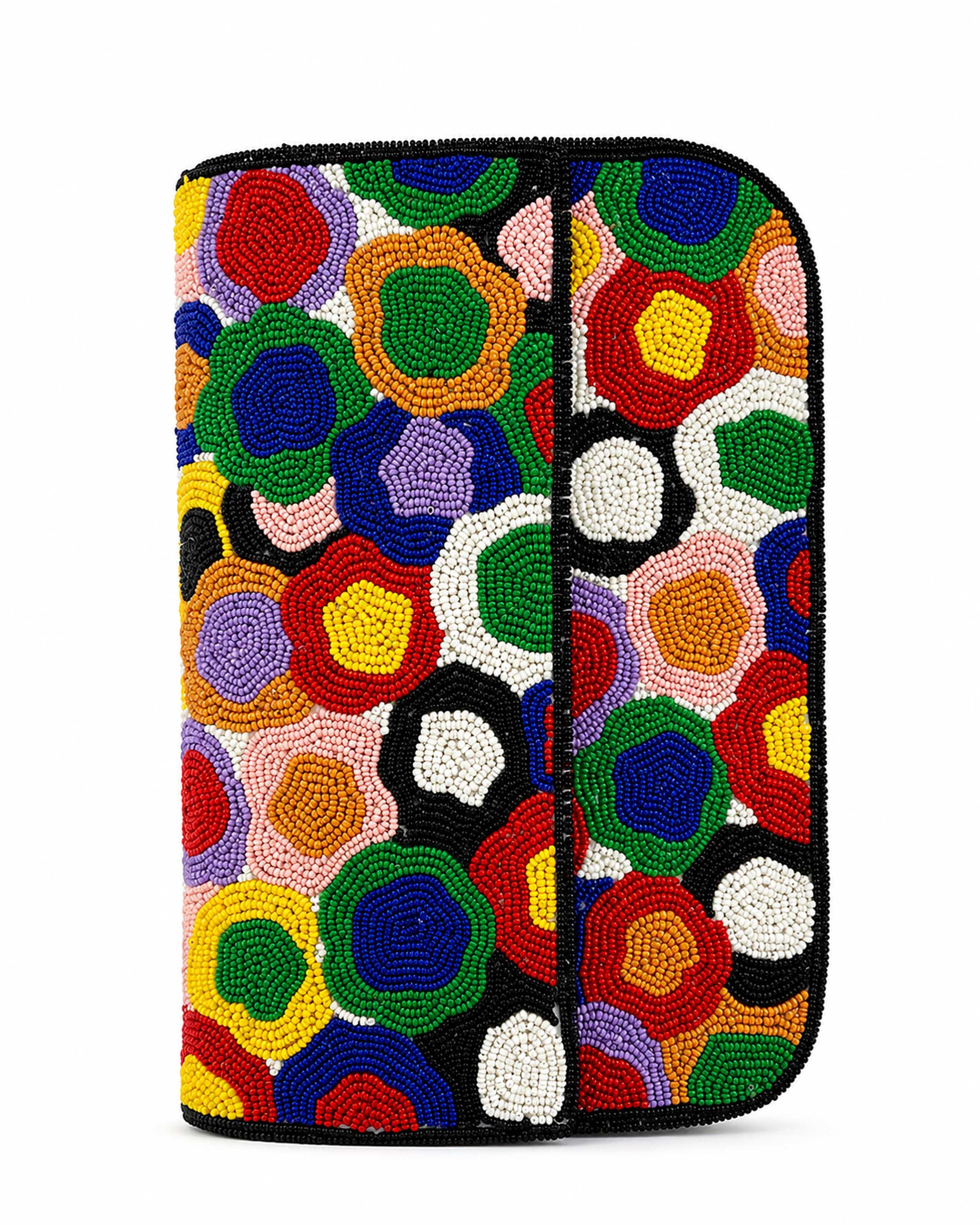 Colorful floral-patterned handbag with a white handle on a white background (beaded & handmade)