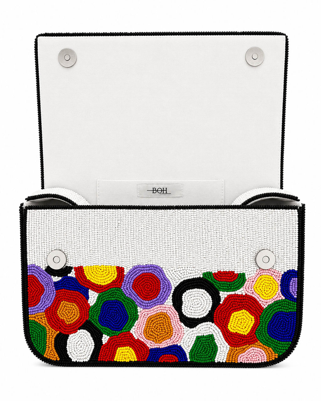 Colorful floral-patterned handbag with a white handle on a white background (beaded & handmade)