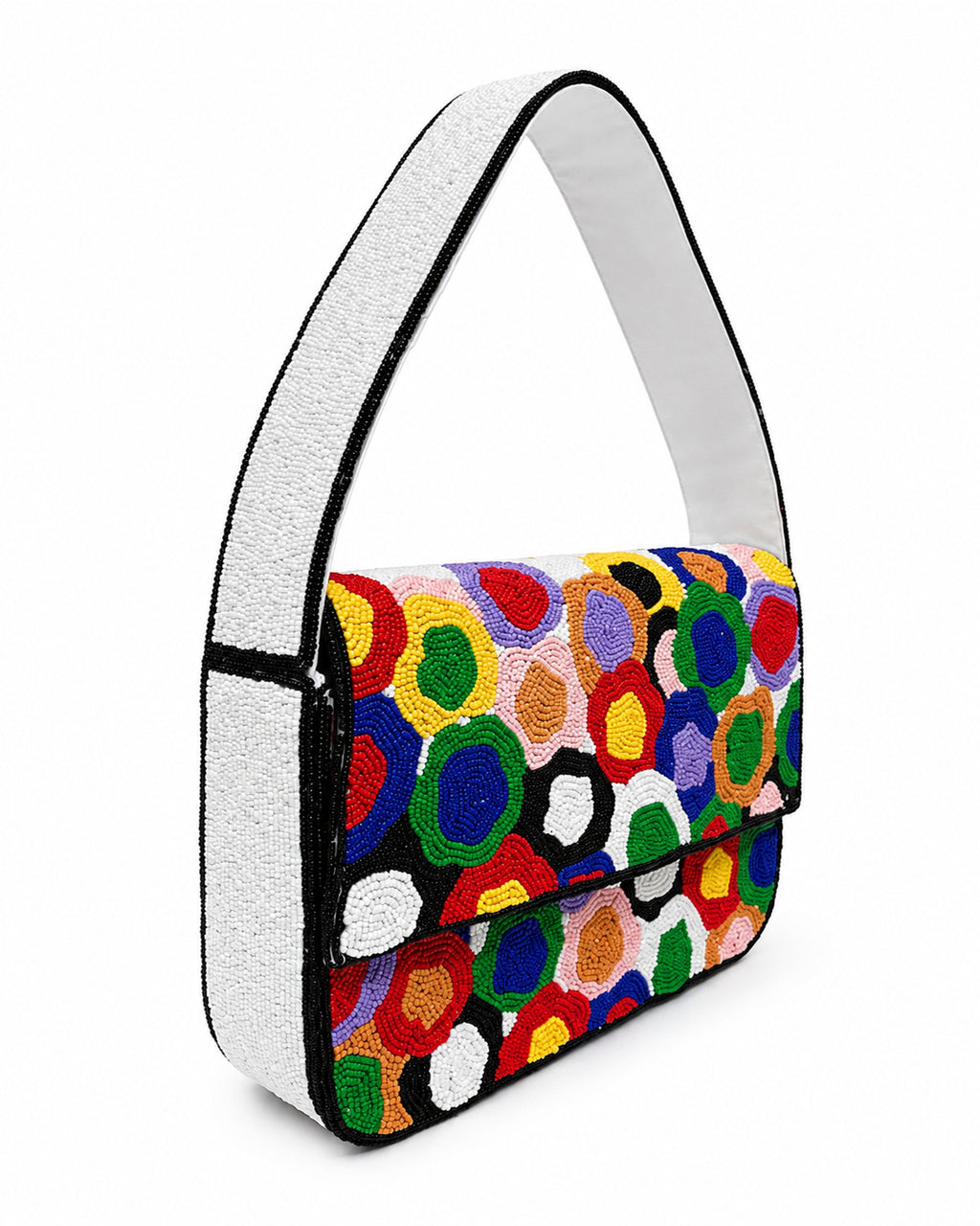Colorful floral-patterned handbag with a white handle on a white background (beaded & handmade)