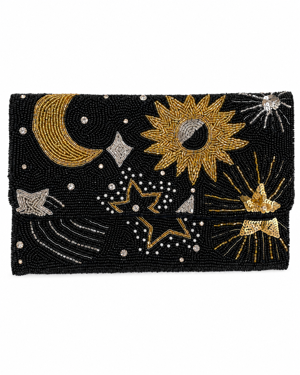Black clutch with celestial designs including sun, moon, and stars on a white background (beaded & handmade)