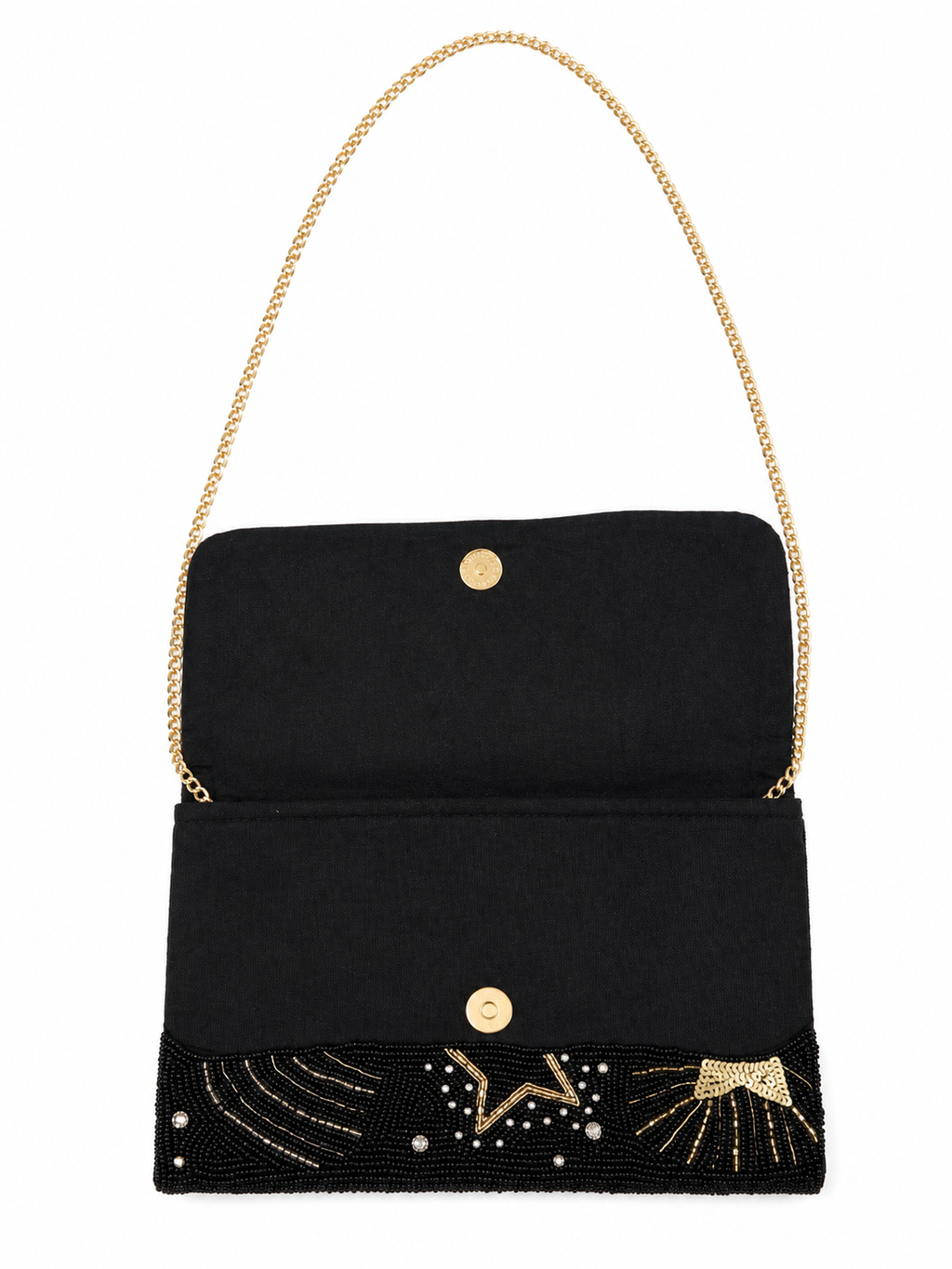 Black clutch with celestial designs including sun, moon, and stars on a white background (beaded & handmade)