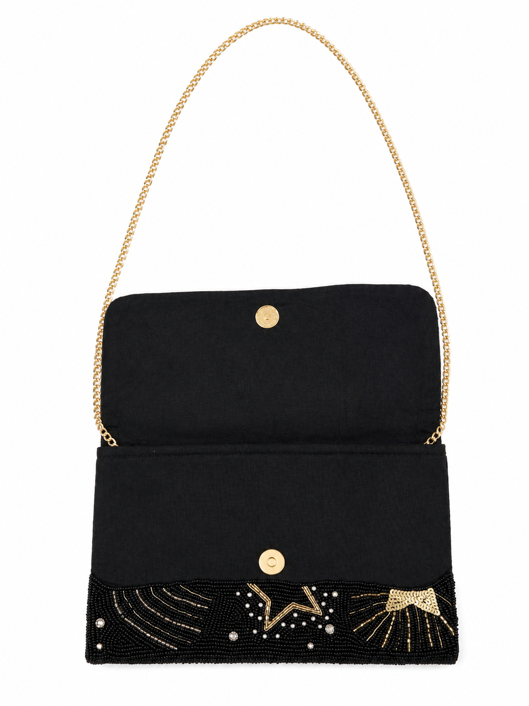 Black clutch with celestial designs including sun, moon, and stars on a white background (beaded & handmade)
