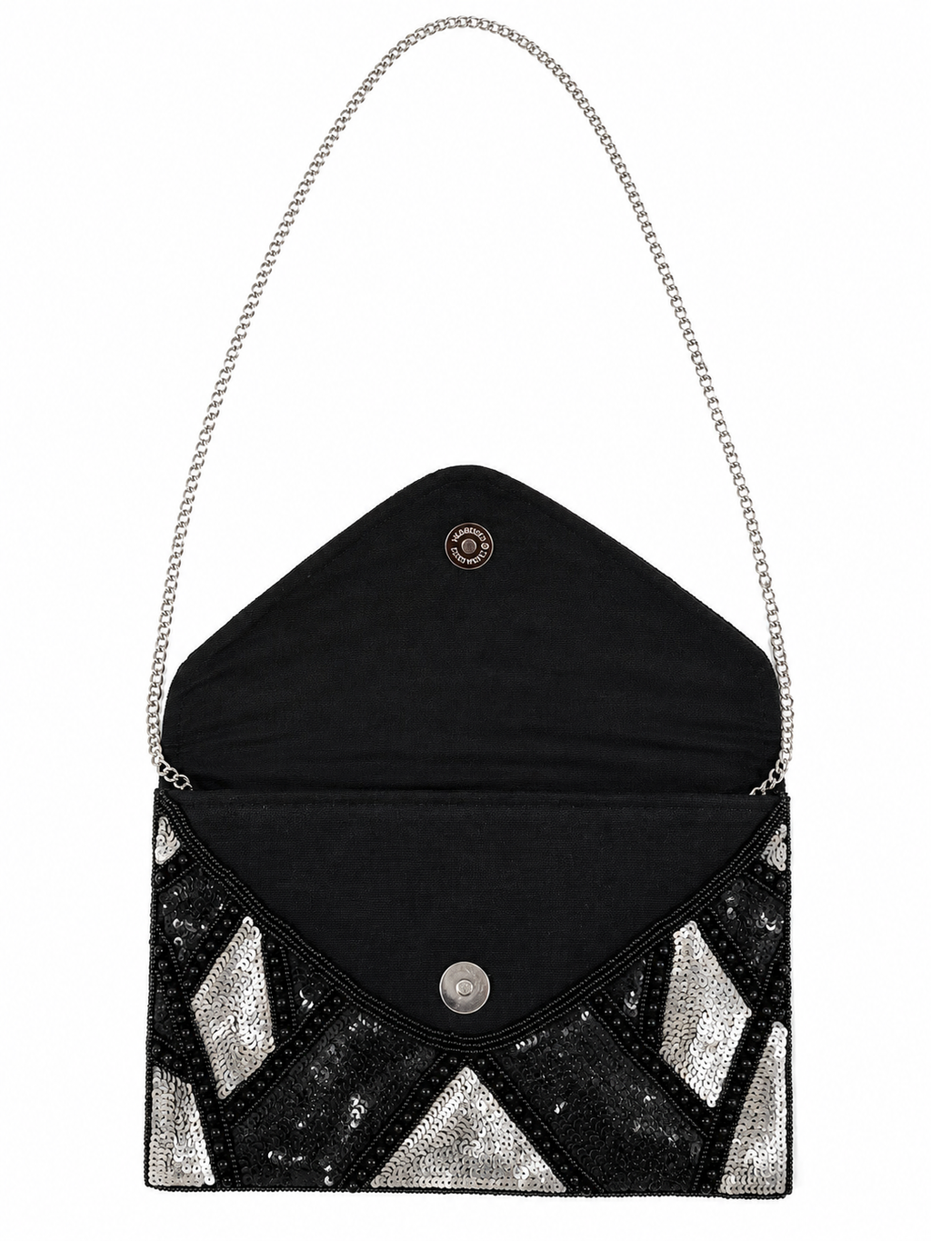 Black and silver beaded clutch bag on a white background sequined and handmade