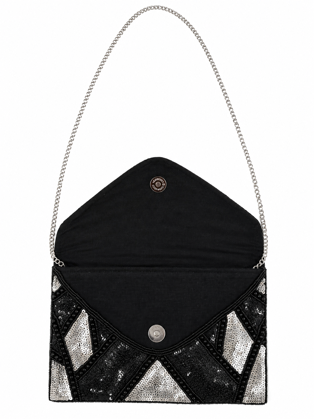 Black and silver beaded clutch bag on a white background sequined and handmade