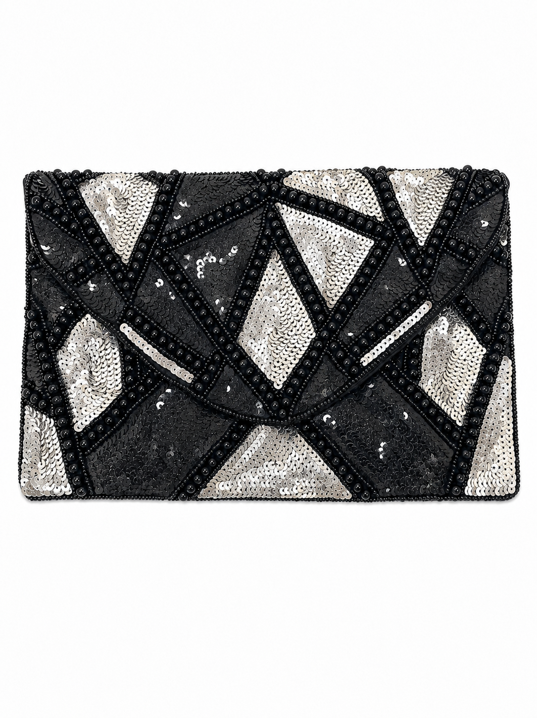 Black and silver beaded clutch bag on a white background sequined and handmade