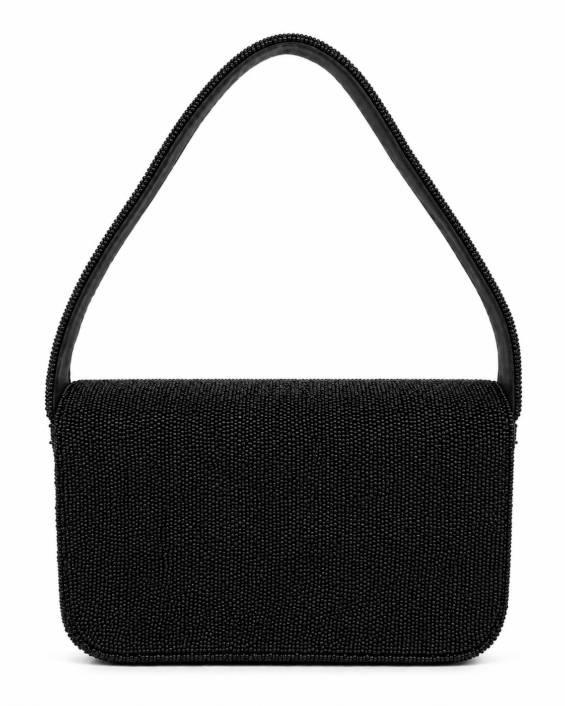 Black beaded handmade bag with star and moon designs on a white background