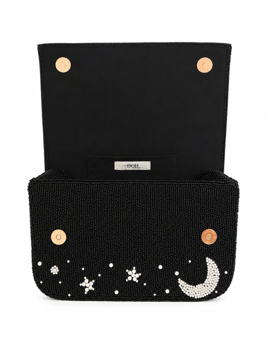 Black beaded handmade bag with star and moon designs on a white background